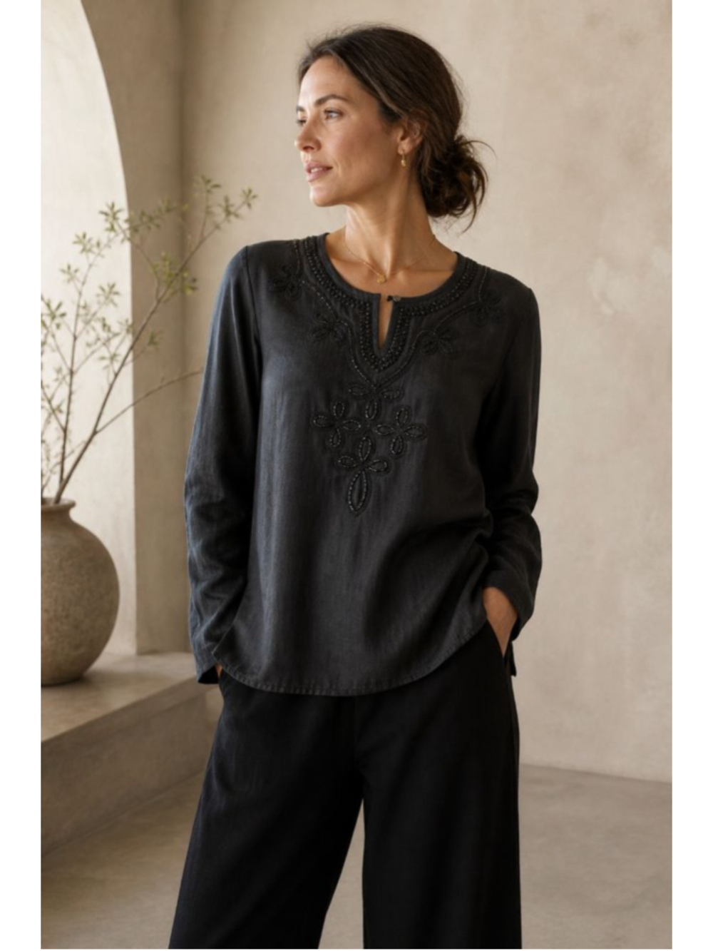 Alfani Silk Linen Beaded Blouse Womens Small Black Embroidered Tunic Top